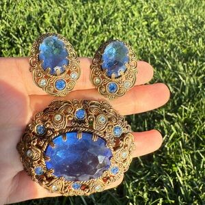 West Germany Blue Glass Stone Brooch and Earrings Set